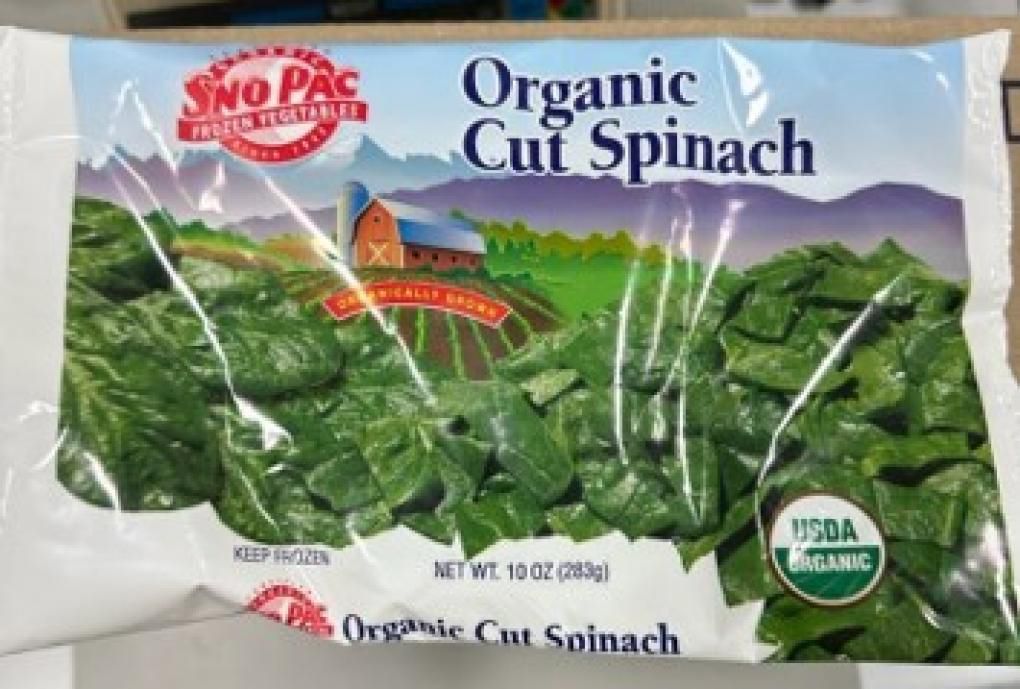 Package of frozen organic cut spinach from the brand Sno Pac