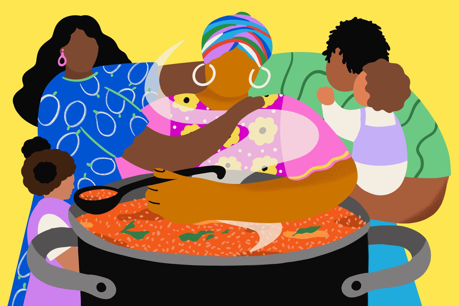 People standing around a pot of jollof rice