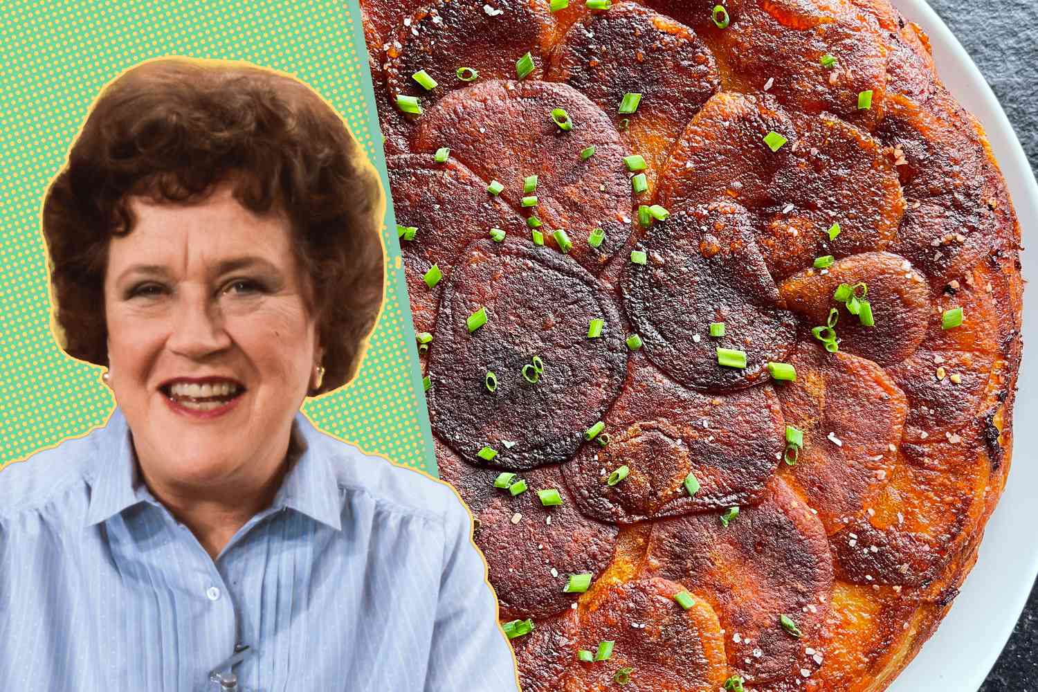portrait of Julia Child and a view of her Pommes Anna dish