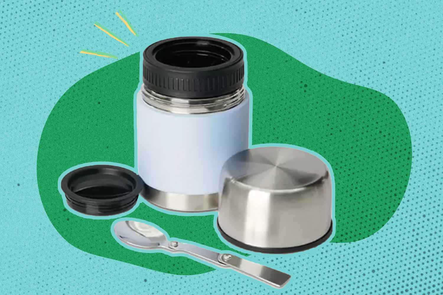 ALDI thermos over a colorful background