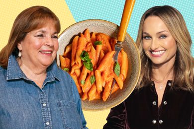 A bowl of penne alla vodka with Ina Garten superimposed on one side and Giada de Laurentiis on the other