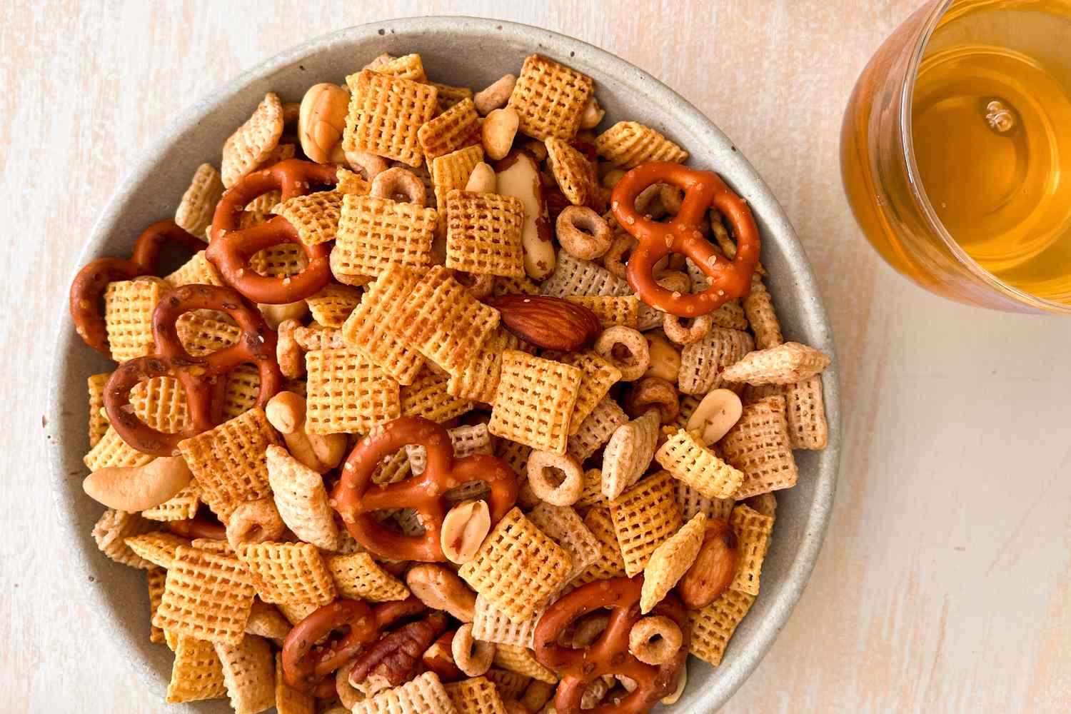 overhead view of a bowl of Grandma Jean’s Snack Mix Recipe