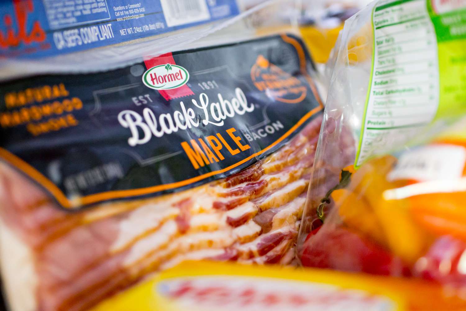 Hormel bacon package wth other grocery items