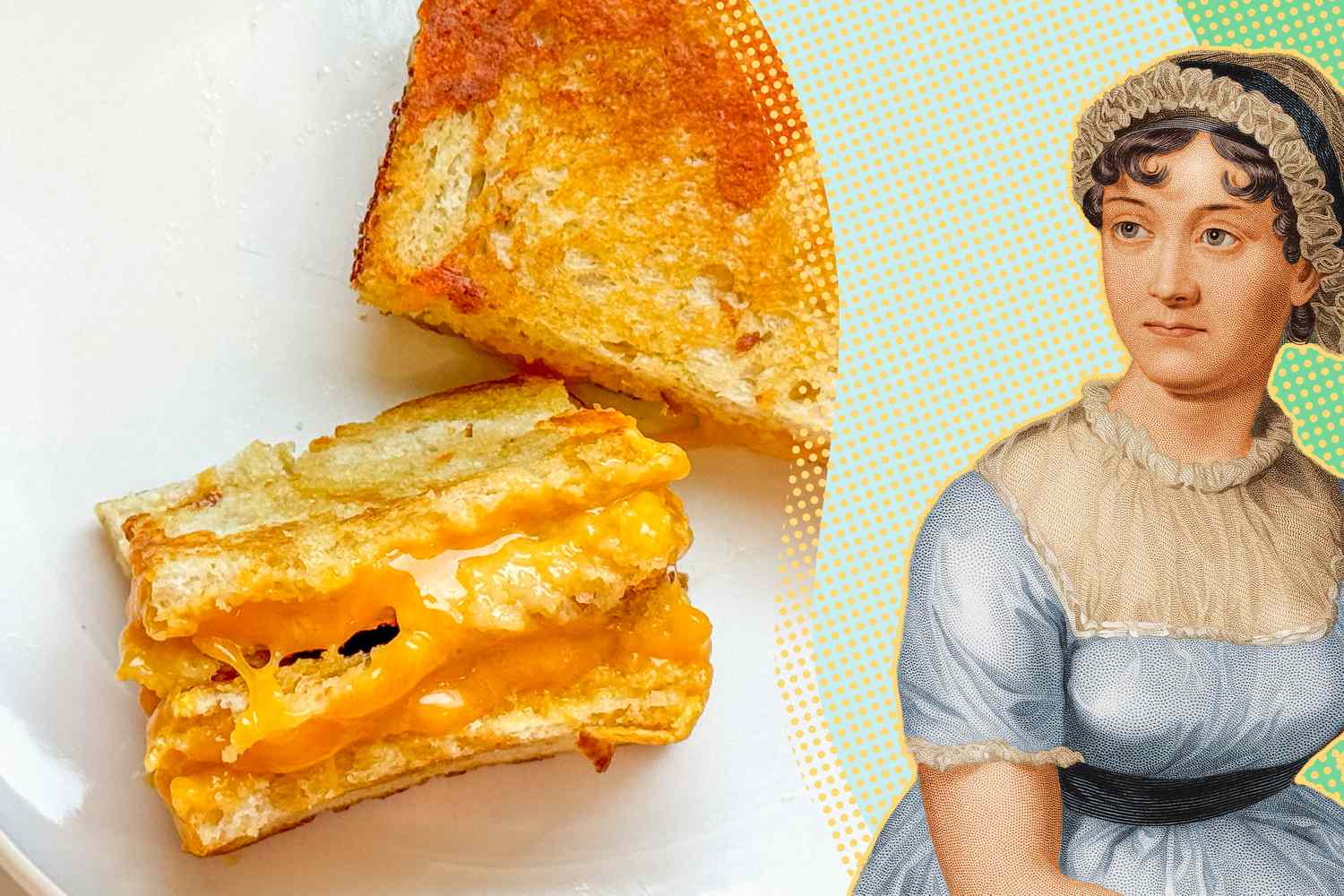 A painting of Jane Austen next to her favorite snack: a grilled cheese