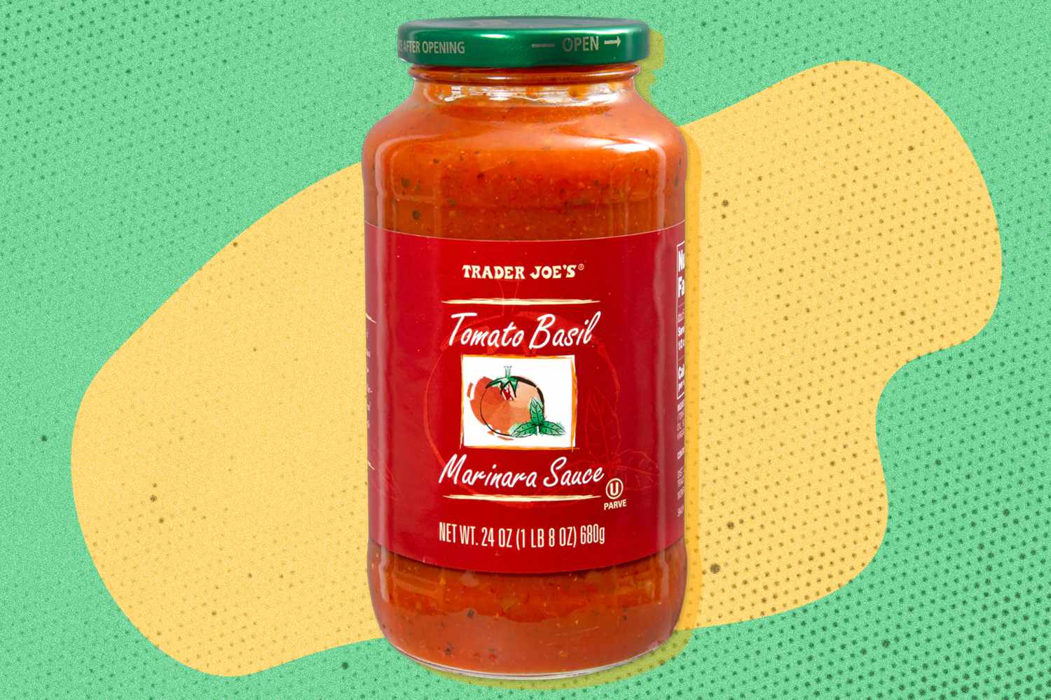 jar of trader joe's marinara sauce over a colorful background