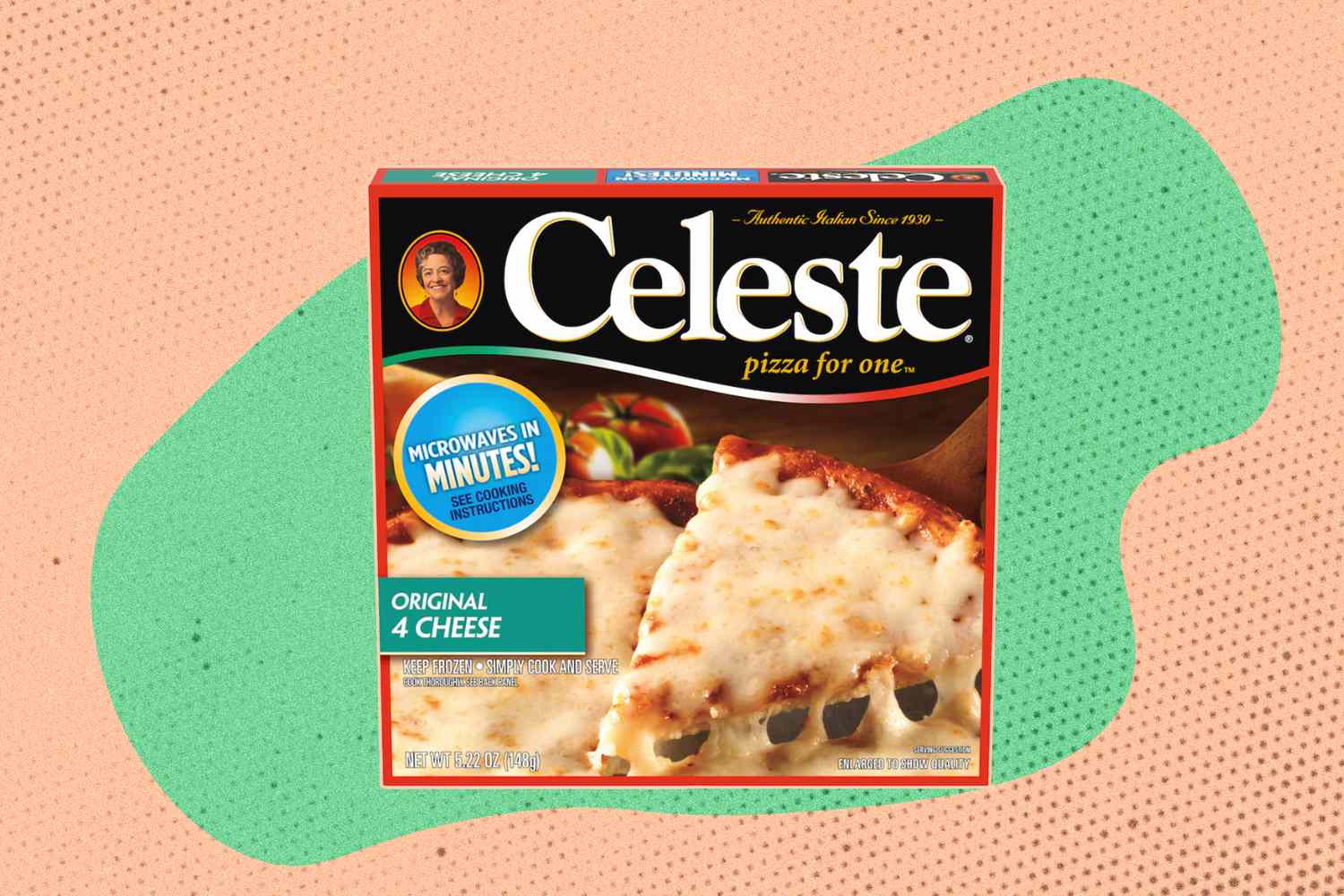 Package of Celeste Pizza for One from Dollar Tree on an orange and green speckled background
