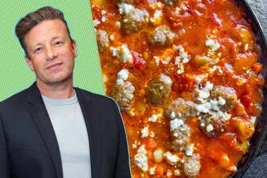 Jamie Oliver next to a dish containing meatballs and vegetables