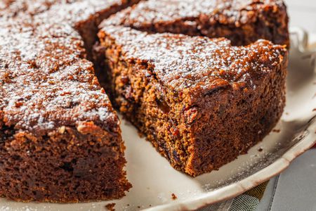 war cake cut into slices on a cake platter