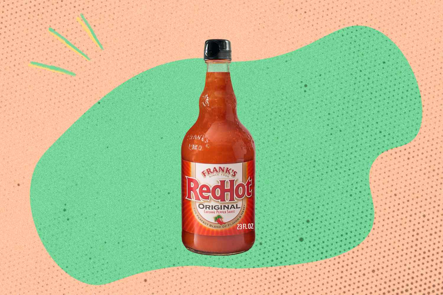 A bottle of Franks Red Hot Original hot sauce on a stylized background