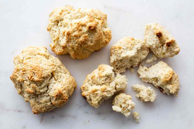 Bisquick Shortcake Biscuits on a marble countertop