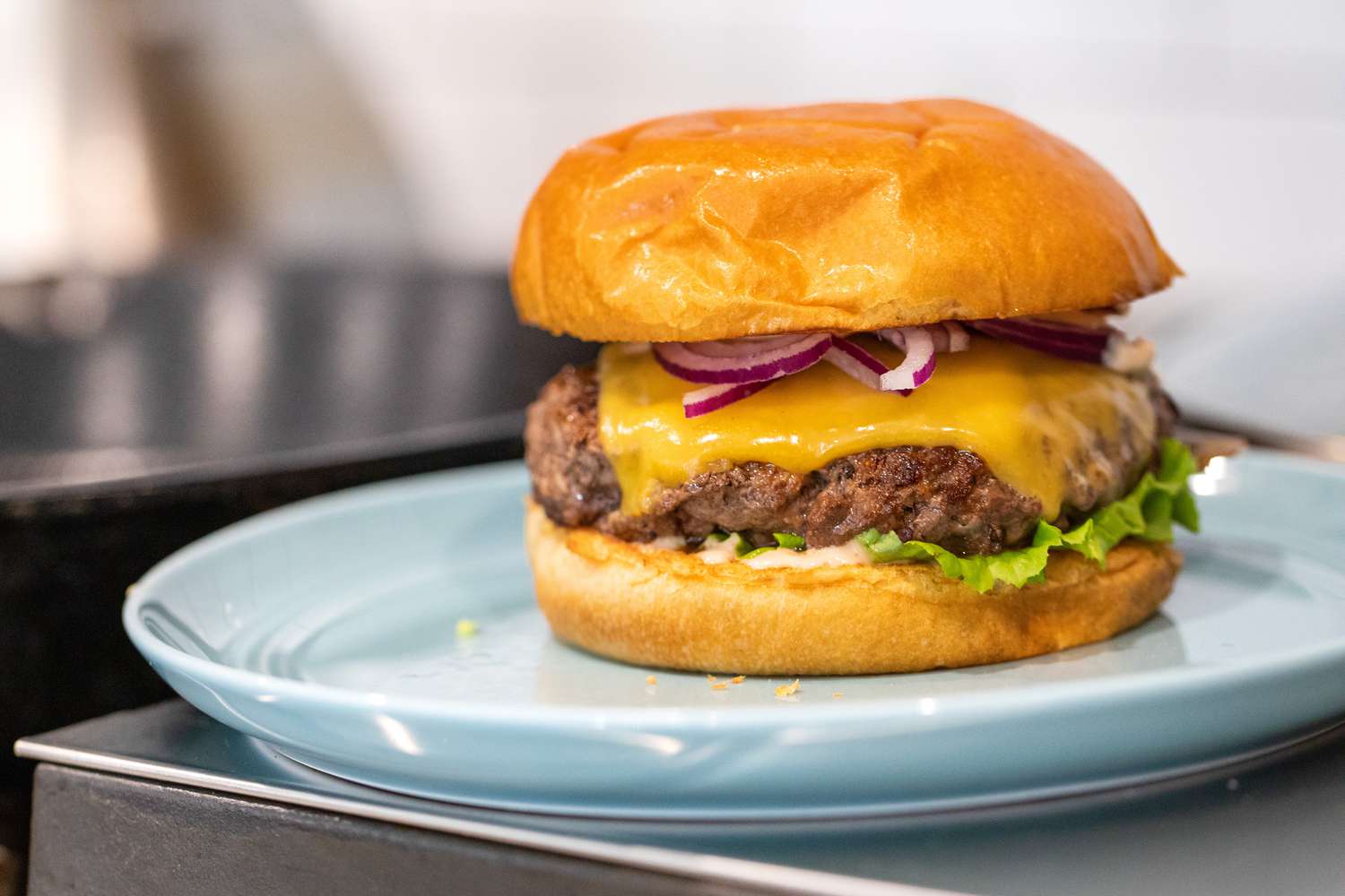 Burger with Cheese, Red Onions, and Lettuce on a Plate on a Kitchen Counter for How to Make a Burger on the Stove