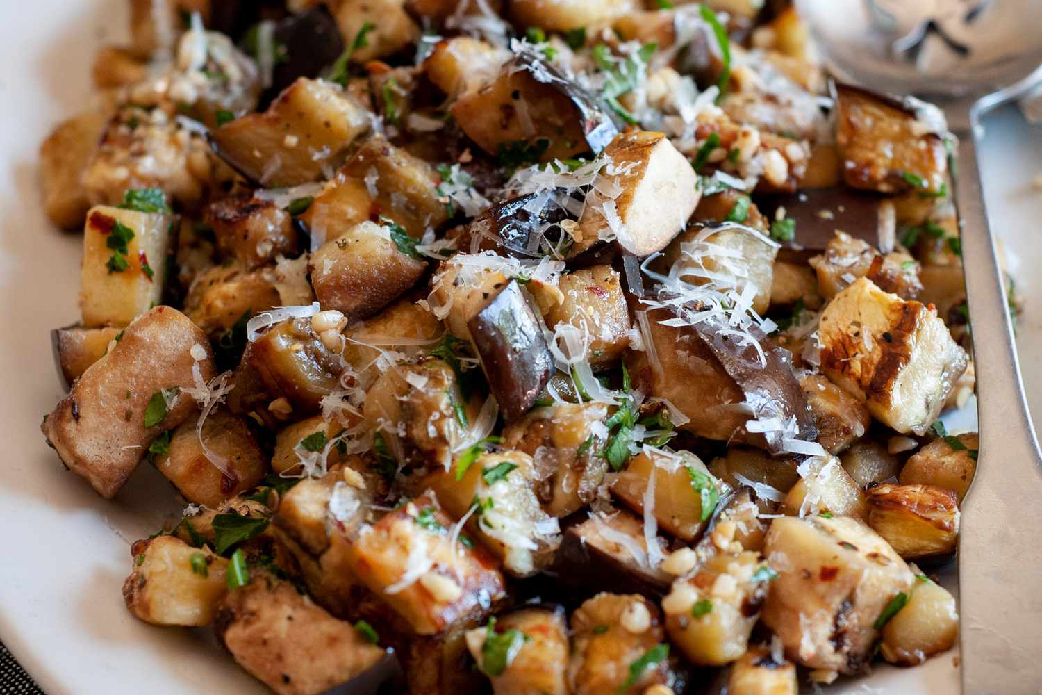 Close-up of Sautéed Eggplant with Garlic and Parmesan