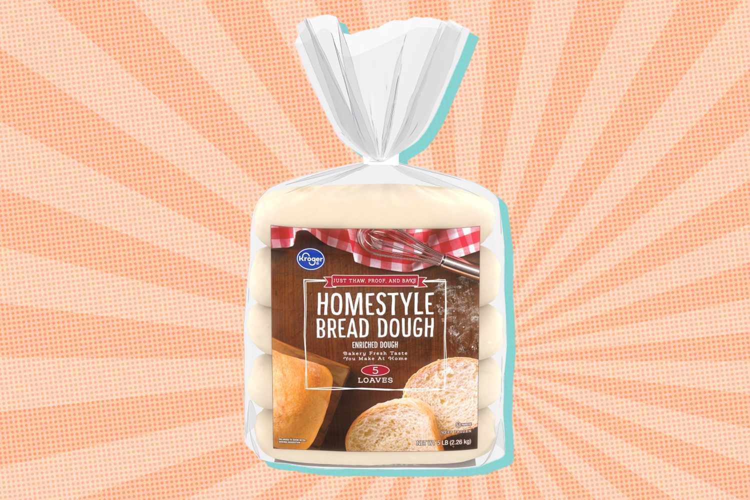 Kroger brand packaged homestyle bread dough placed against a textured background