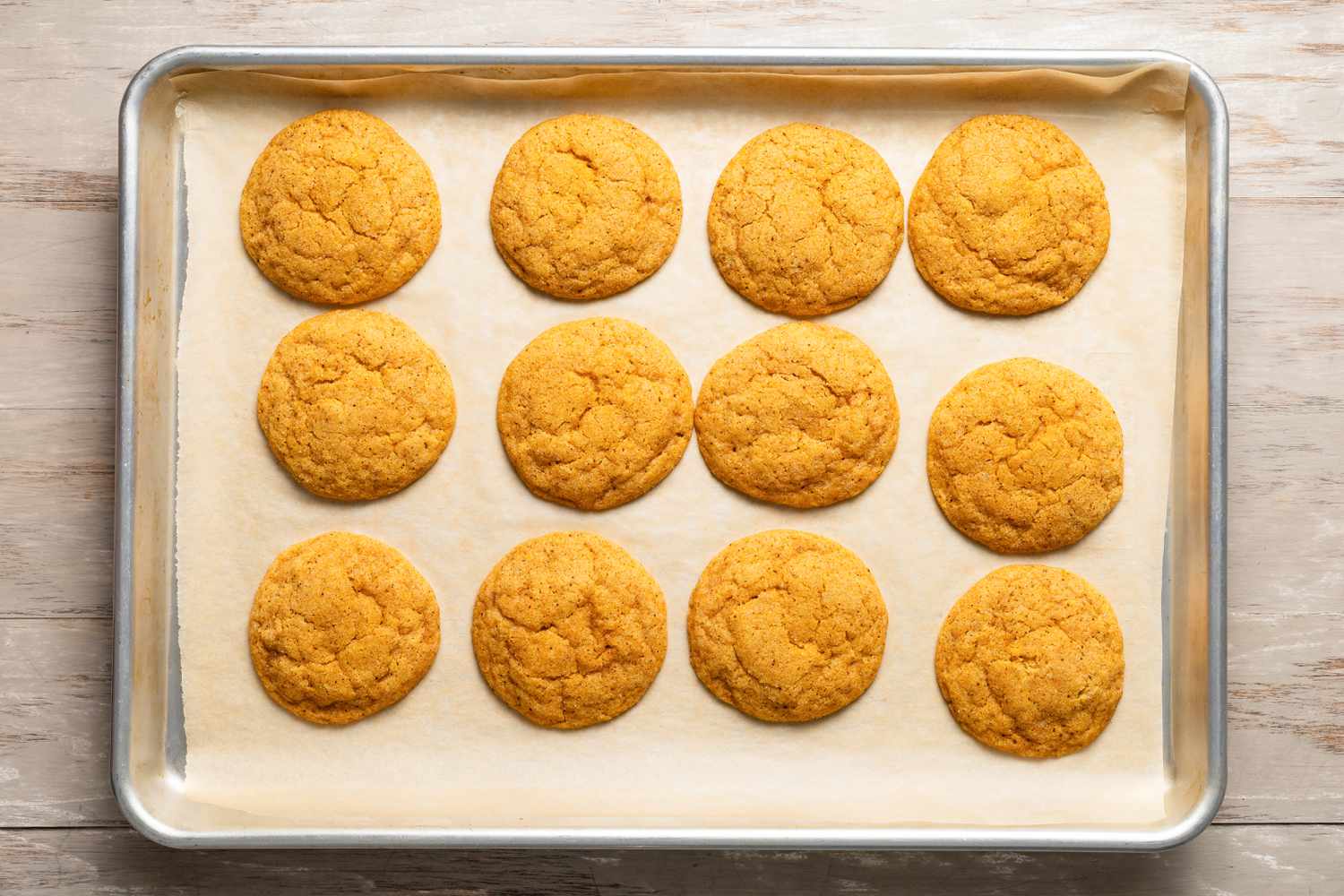 Baked pumpkin spice snickerdoodle cookies on a parchment paper lined baking sheet