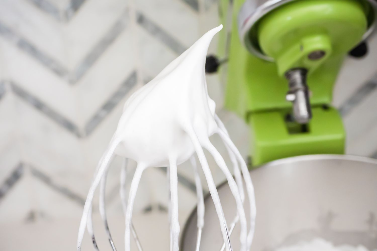 Stiff Peaked Whipped Aqufaba on a Mixer Whisk for Vegan Marshmallows Recipe