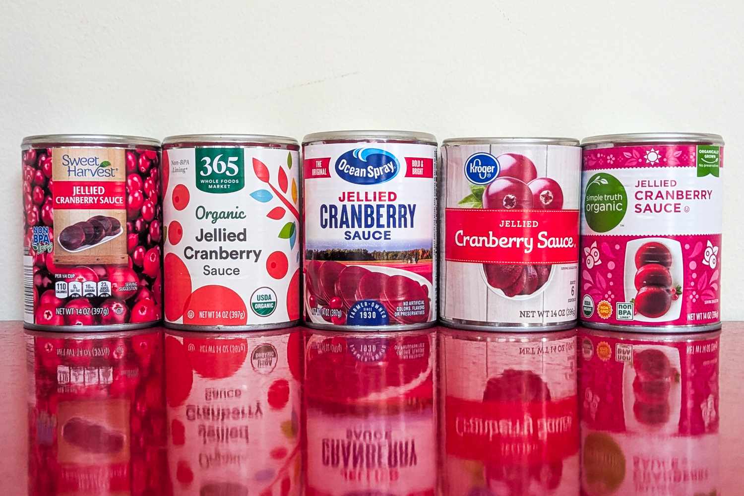 Five different brands of canned jellied cranberry sauce displayed side by side on a surface