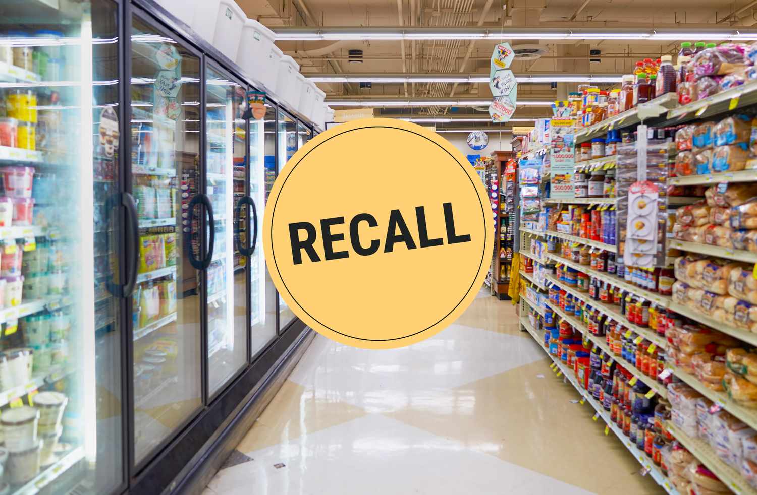 A supermarket aisle showing shelves of products with a Recall notice overlaid