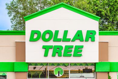 Front of a Dollar Tree store with logo prominently displayed