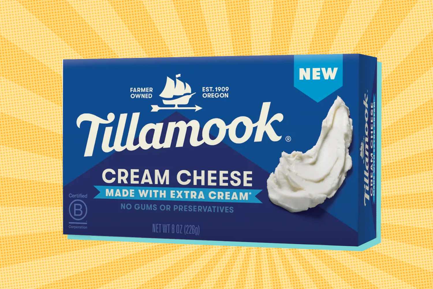 Tillamook Cream Cheese box on a yellow background