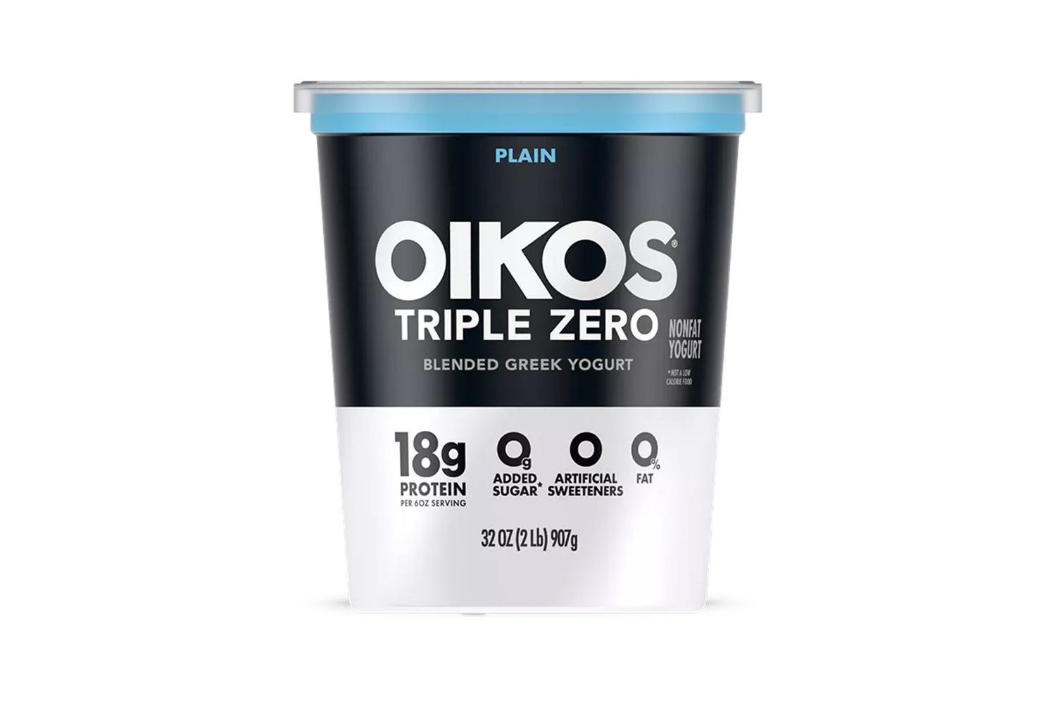 Container of Oikos Triple Zero Greek yogurt with 18g protein and no added sugar artificial sweeteners or fat