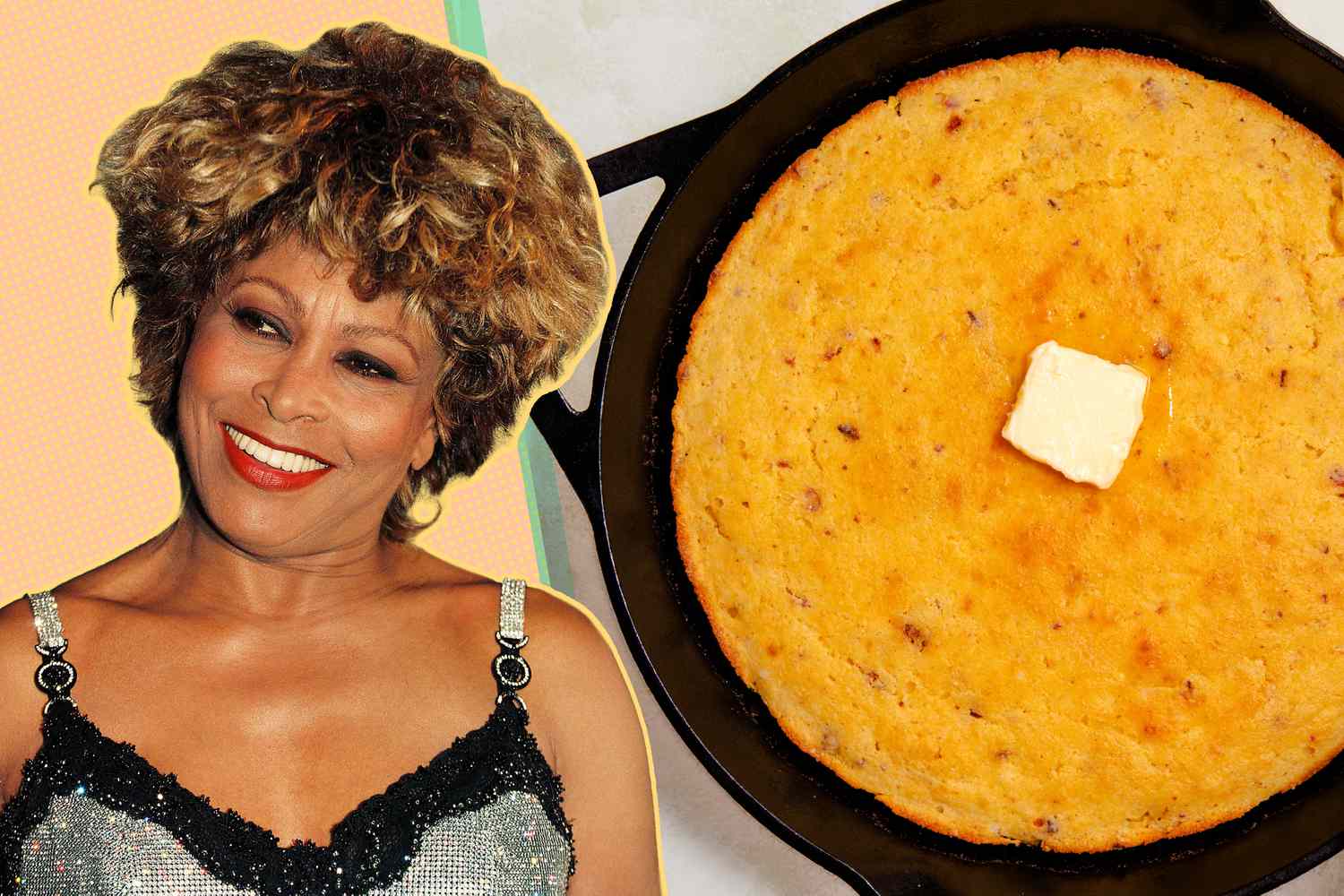 Tina Turner next to a photo of a skillet with cornbread in it and a pat of butter melting on top