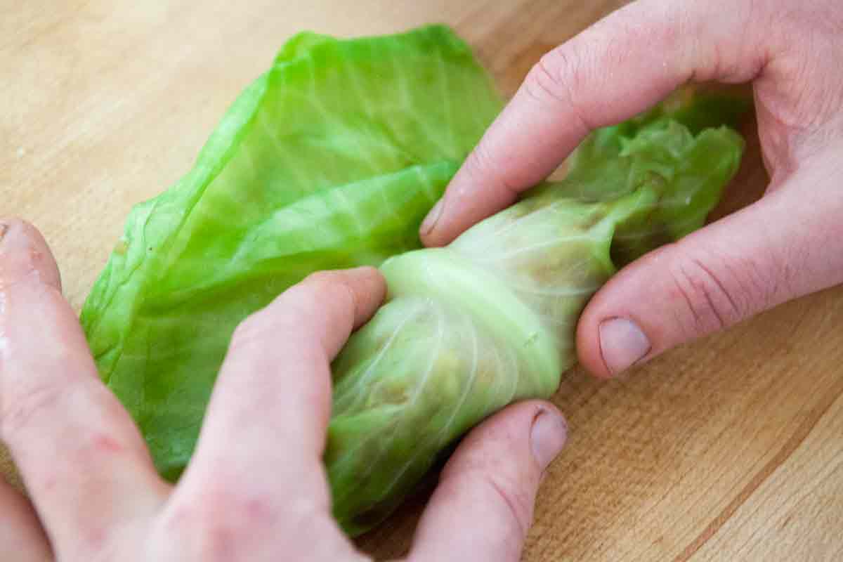continue rolling up cabbage for stuffed cabbage rolls