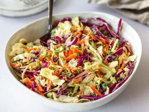 Bright and fresh Classic Coleslaw in a white bowl.