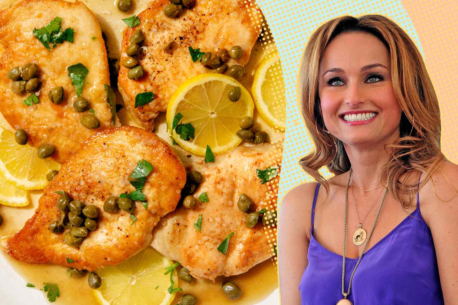 A split image of chicken piccata and Giada De Laurentiis