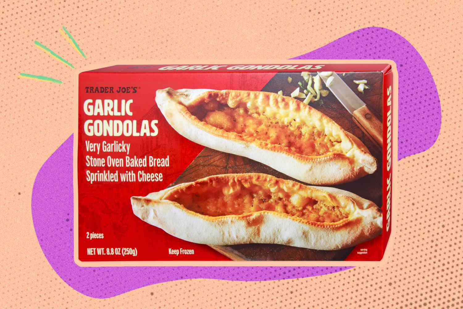 A package of Trader Joe's Garlic Gondolas on an illustrated background