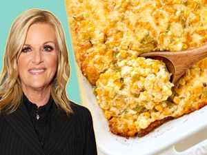 Trisha Yearwood alongside a casserole dish with a wooden spoon in it