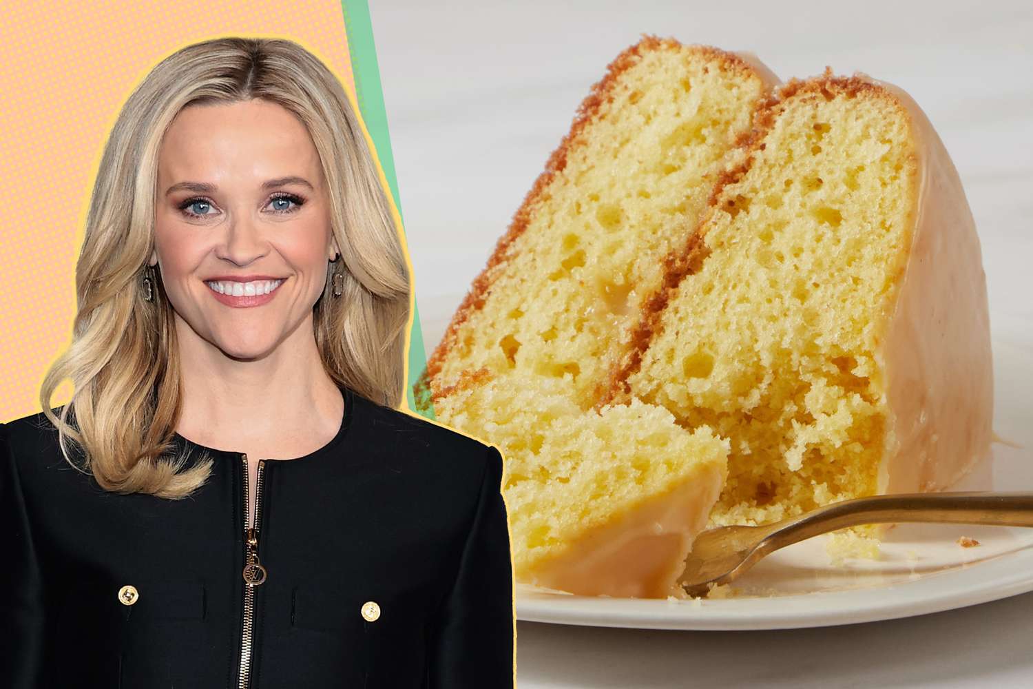 Reese Witherspoon pictured next to a plate of sour cream cake slices for Reese Witherspoon's Sour Cream Cake