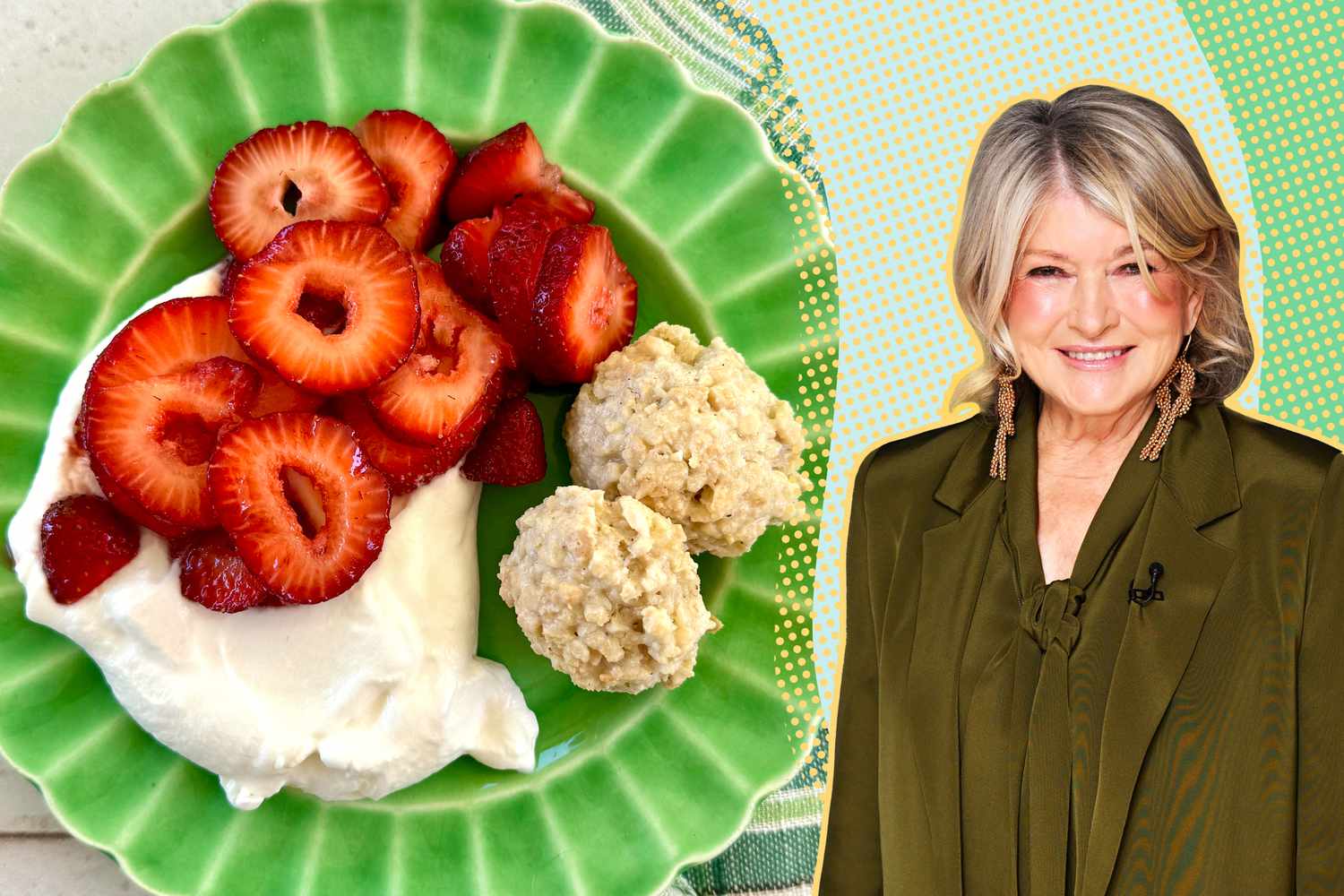 martha stewart cut-out over a green background next to a photo of her rustic almond macarons served with strawberry slices and whipped cream