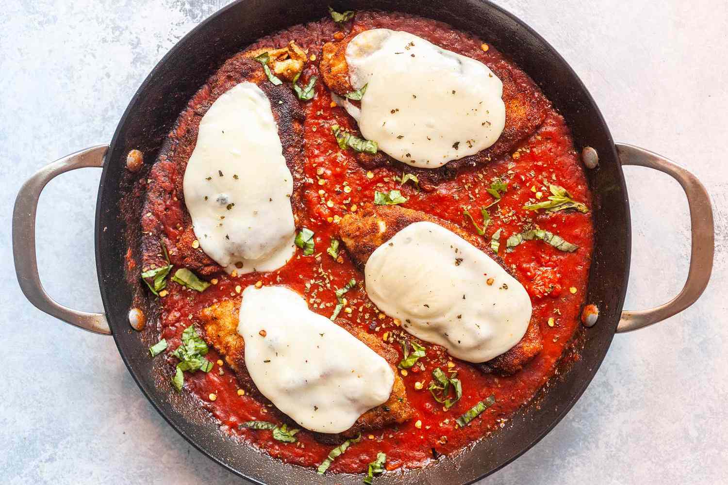 Skillet Chicken Parm ready to serve