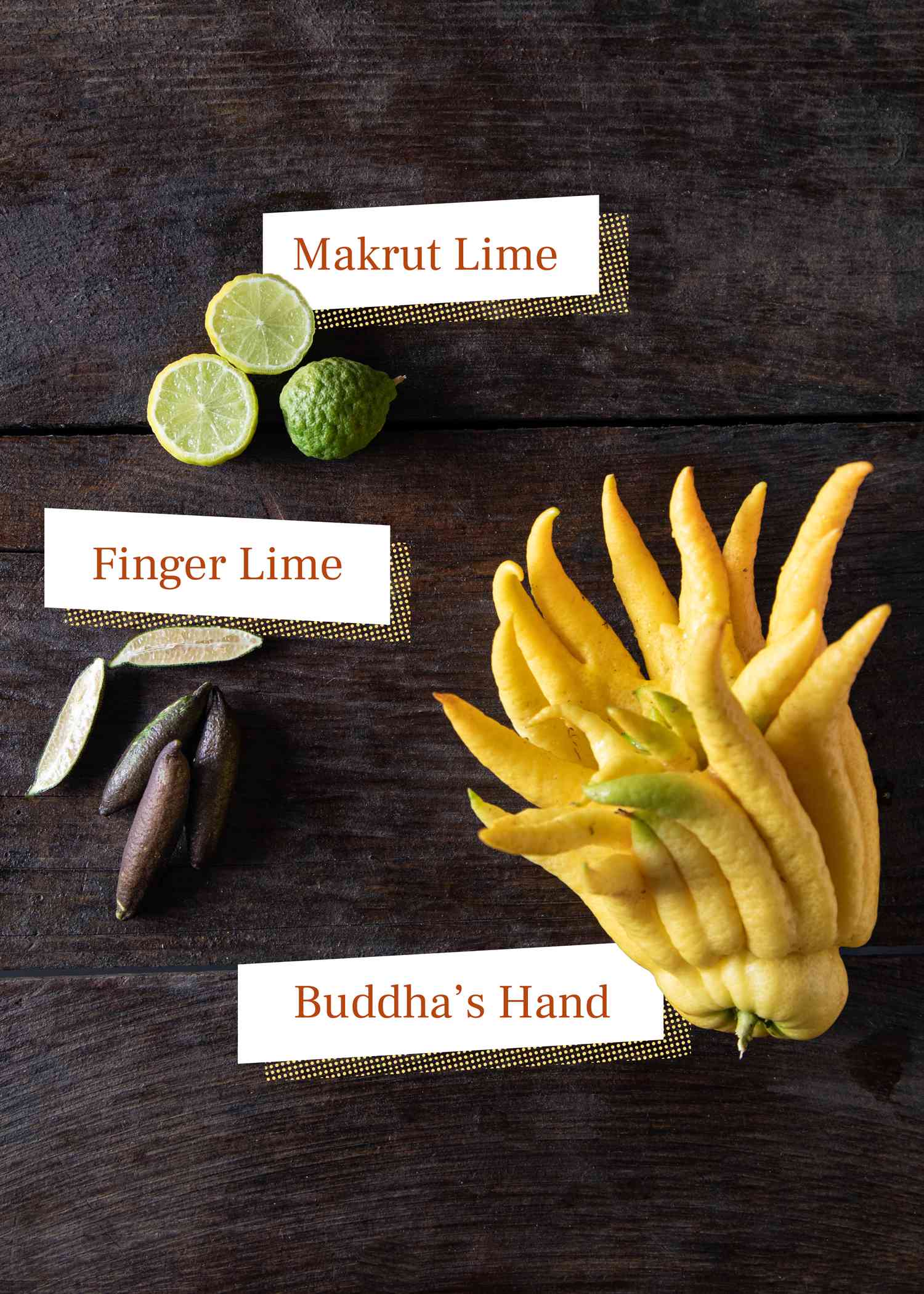 Market lime, finger lime, buddha's hand citrus on dark background