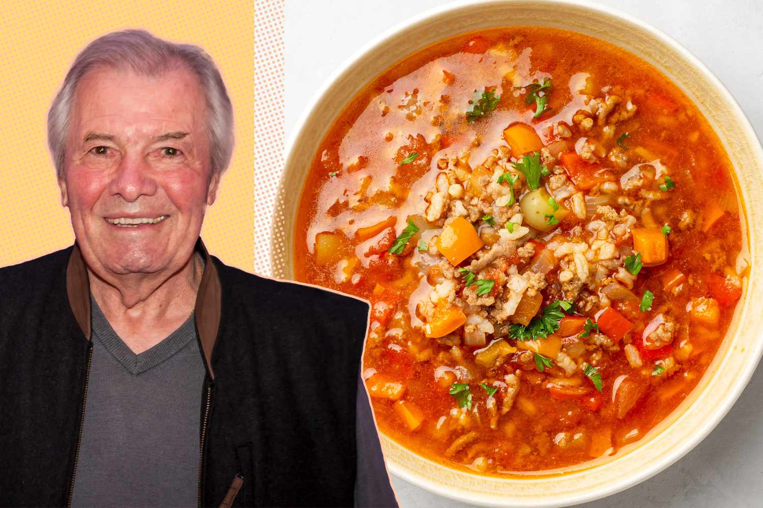 A split image of Jacques Pepin and a bowl of tomato rice soup