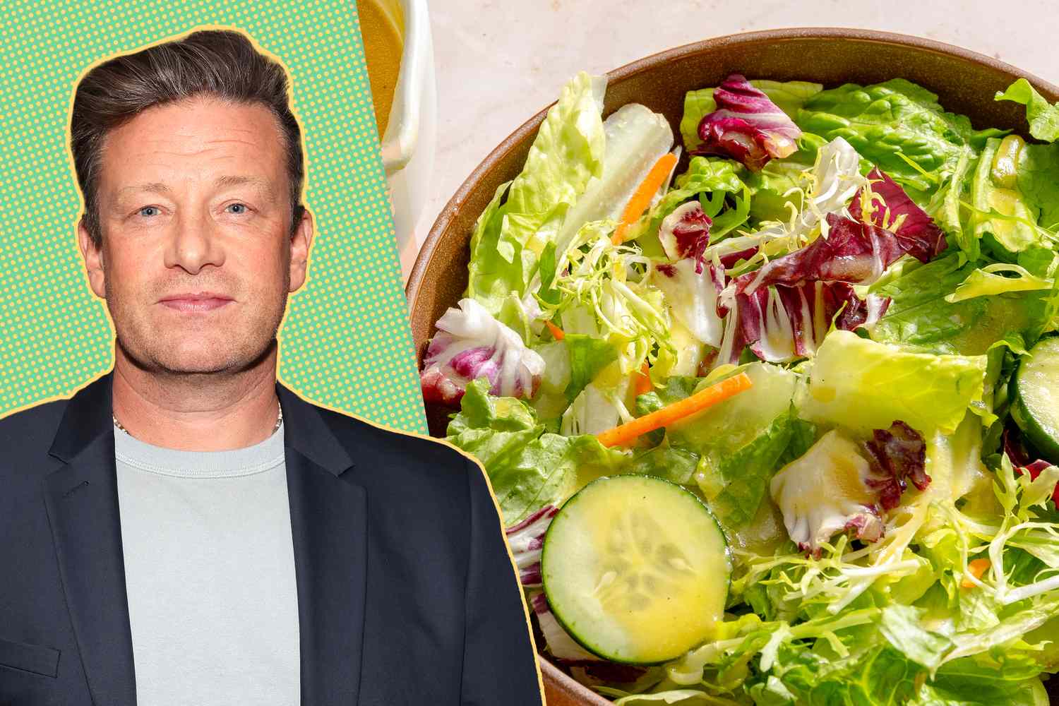 Jamie Oliver next to a bowl of salad