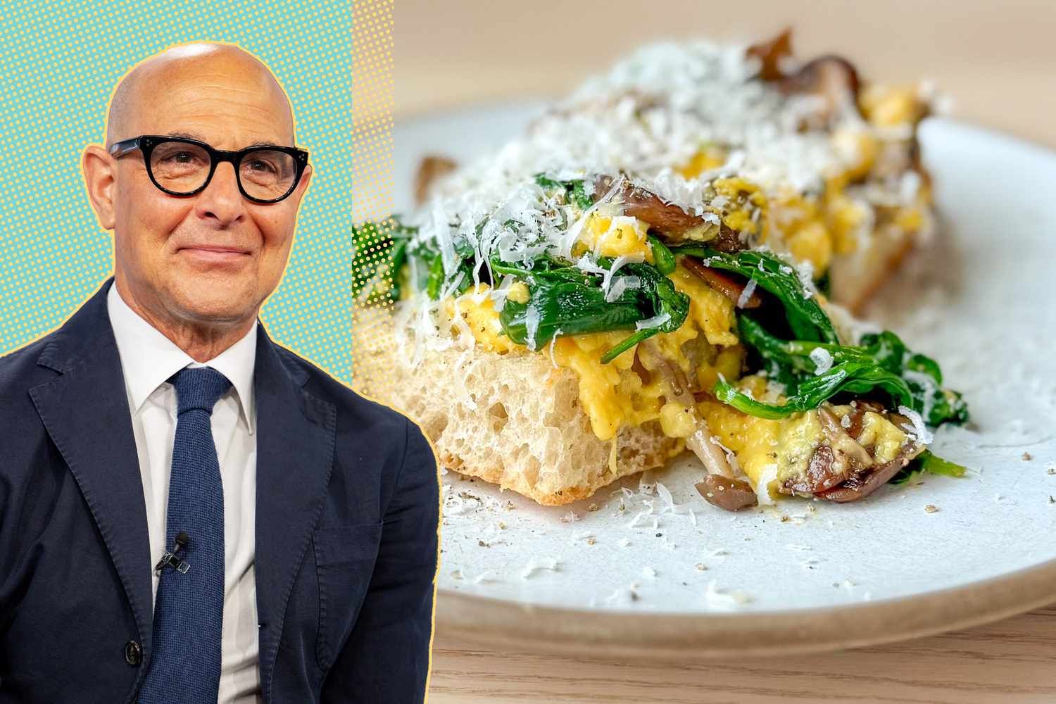 A split image of Stanley Tucci and a toast topped with scrambled eggs, spinach, mushroom and cheese on a plage