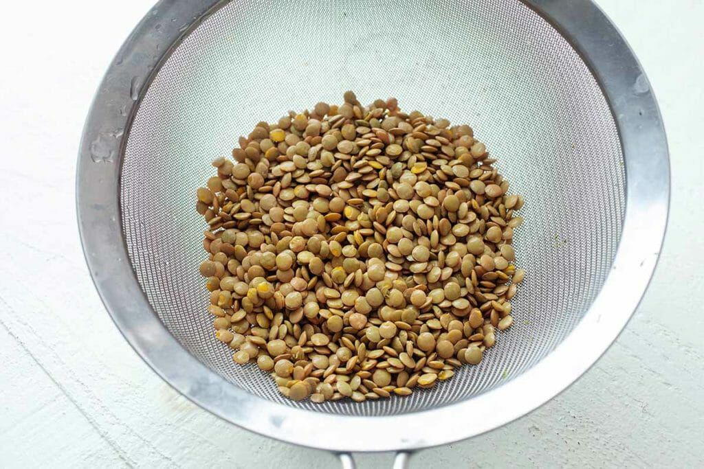 Green lentils in a colander for vegetarian sloppy joes