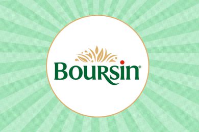 A Boursin cheese logo on an illustrated green background