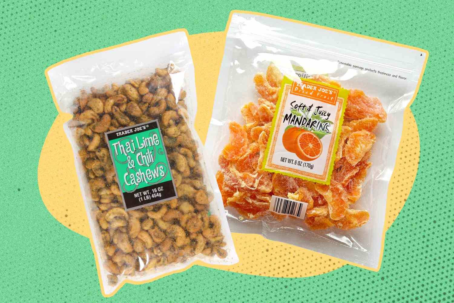 Trader Joe's products: Thai Lime & Chili Cashews and Mandarins over a yellow and green illustrated background