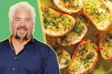 headshot cut out of Guy Fieri over a green and yellow illustrated background next to a photo of garlic bread