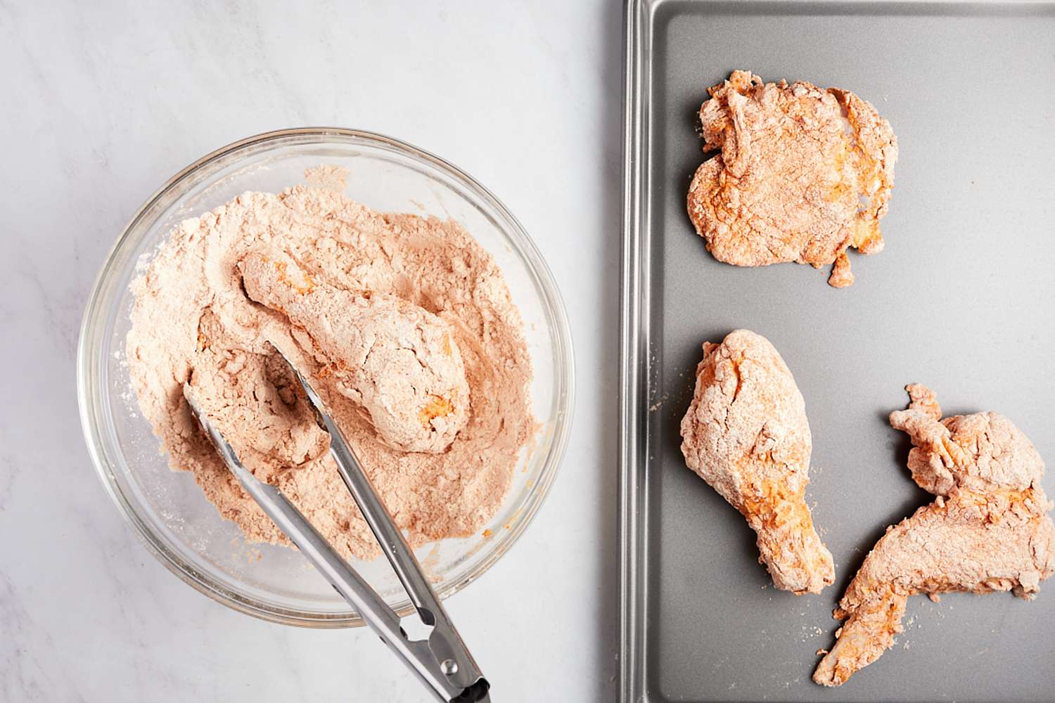 Chicken coated in flour for piri piri fried chicken recipe