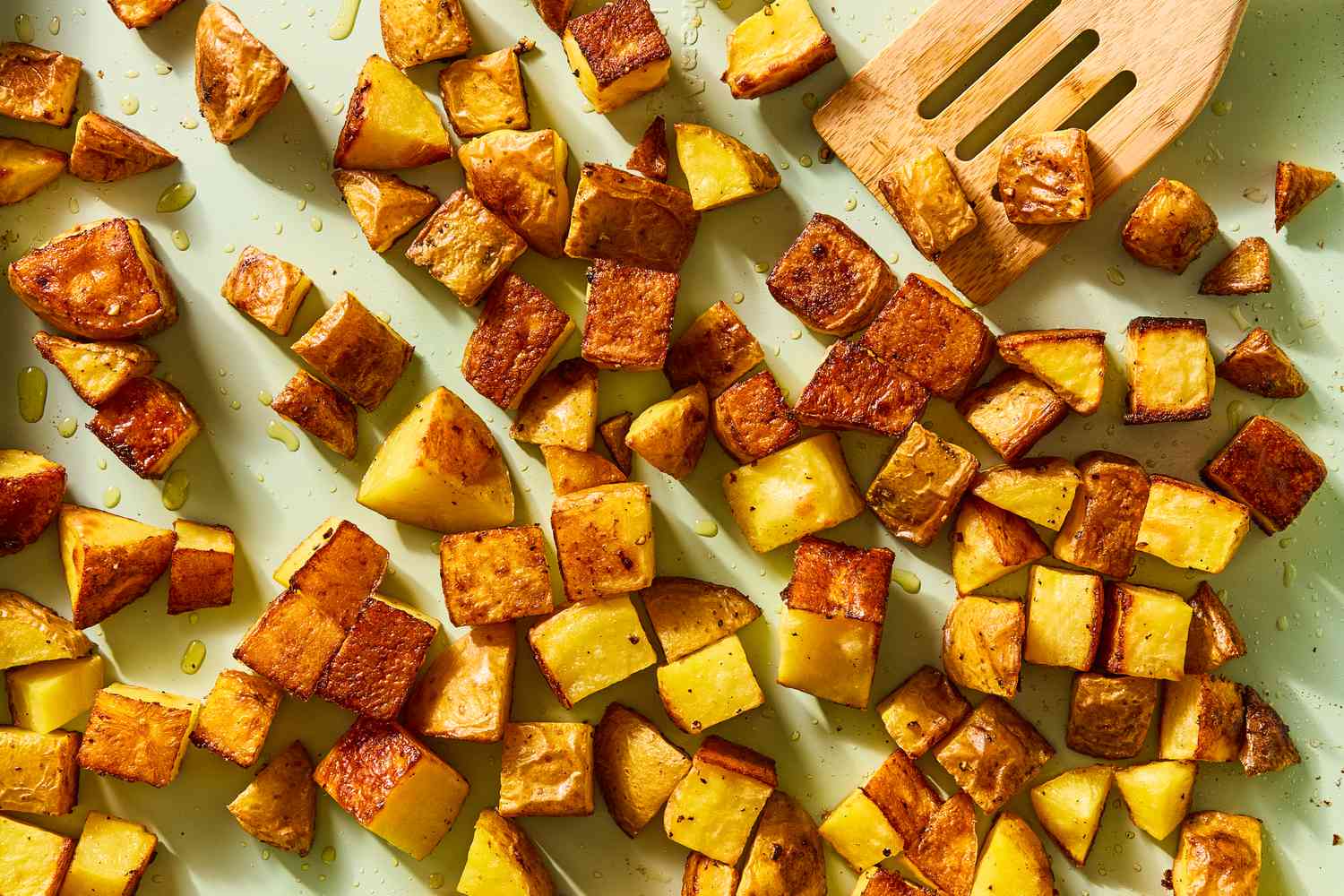 Overhead shot of roasted cubed potatoes