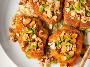 overhead view of Easy Chicken Almondine on a platter
