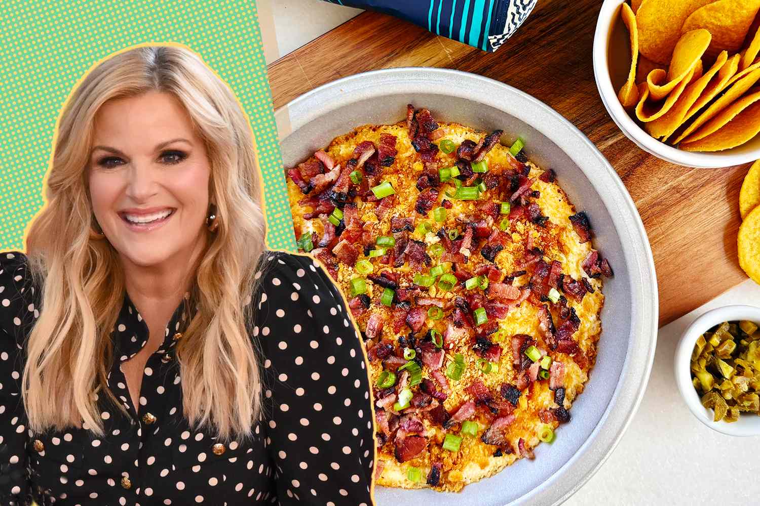 Trisha Yearwood featured alongside a dish of Charleston cheese dip with additional ingredients