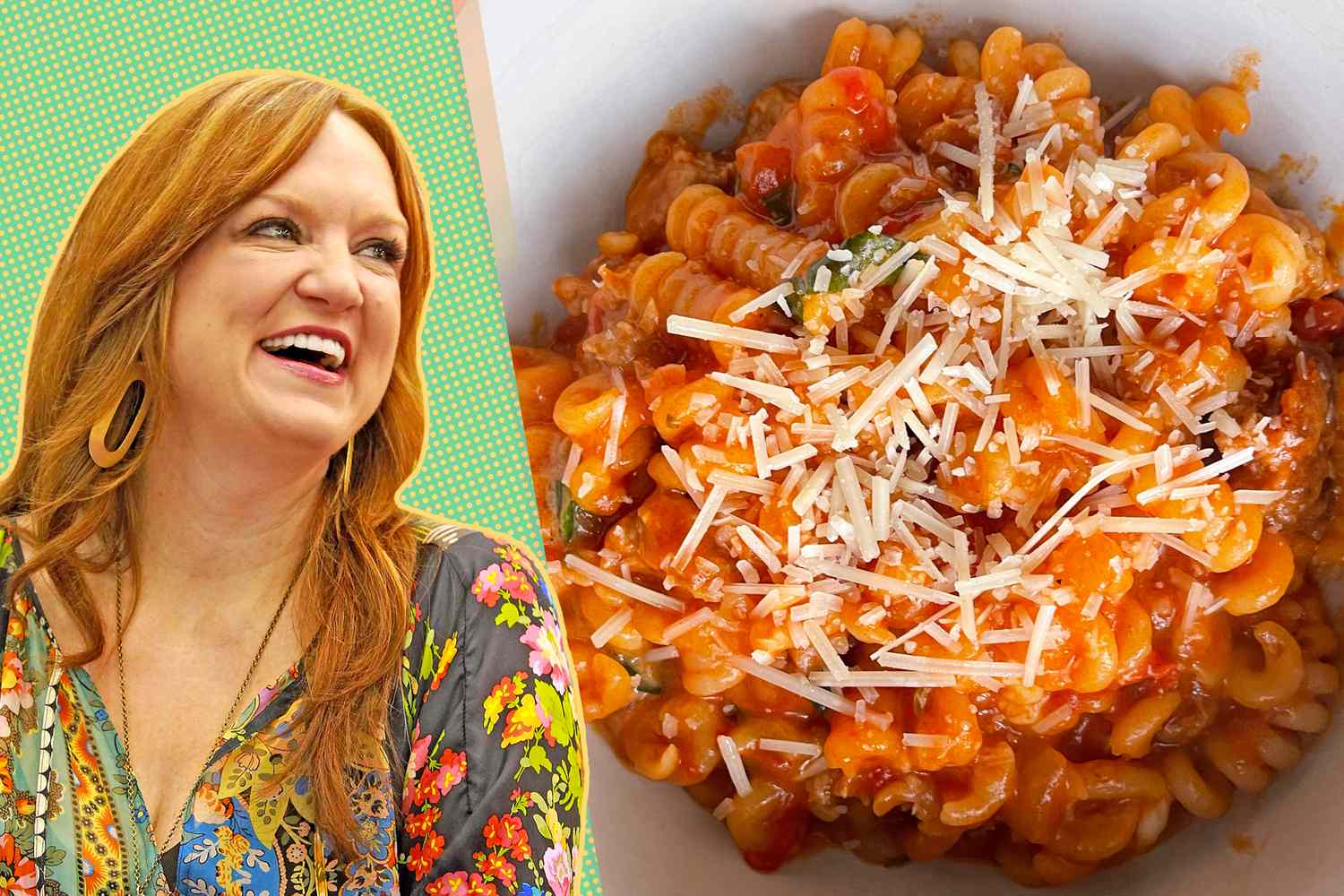 Ree Drummond alongside a plate of pasta with sauce and grated cheese