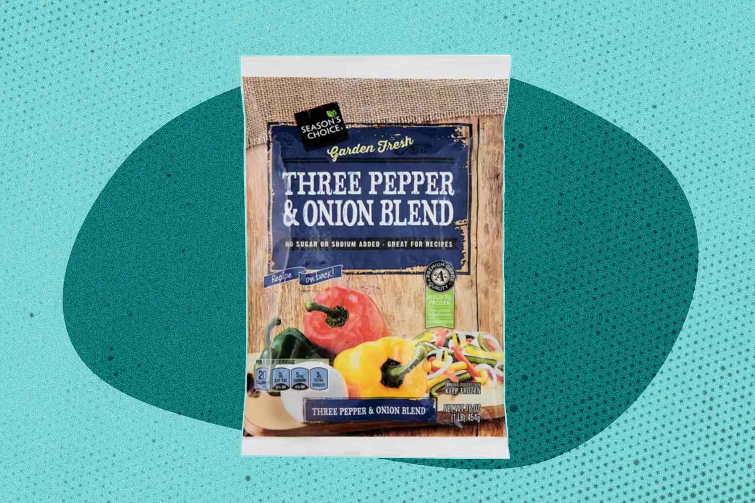 A bag of Season's Choice frozen three pepper & onion blend on an illustrated background