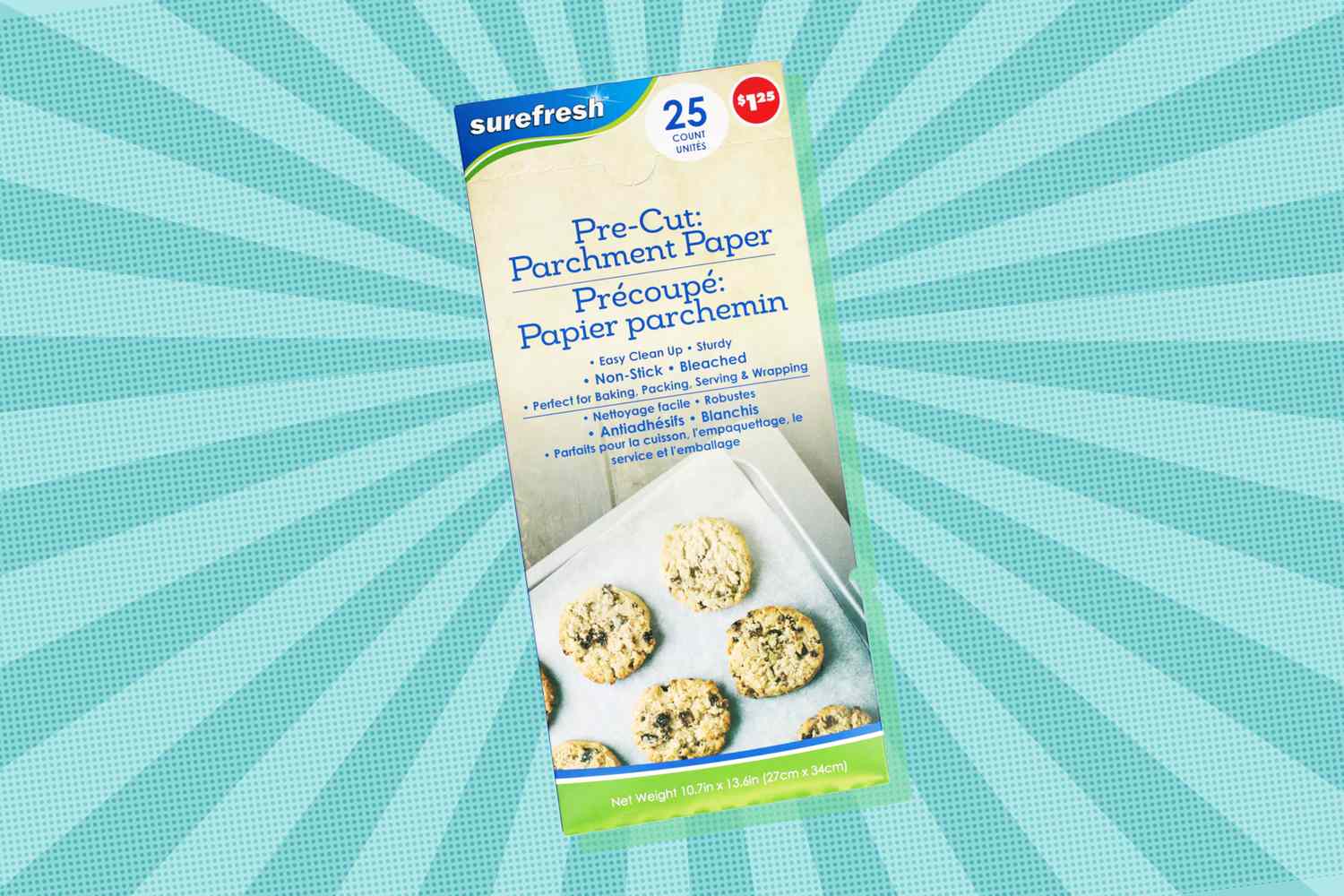Package of Sure Fresh pre-cut parchment paper with baked goods on the label