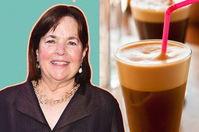 ina garten cut-out next to a picture of shaken espresso in a glass with a straw