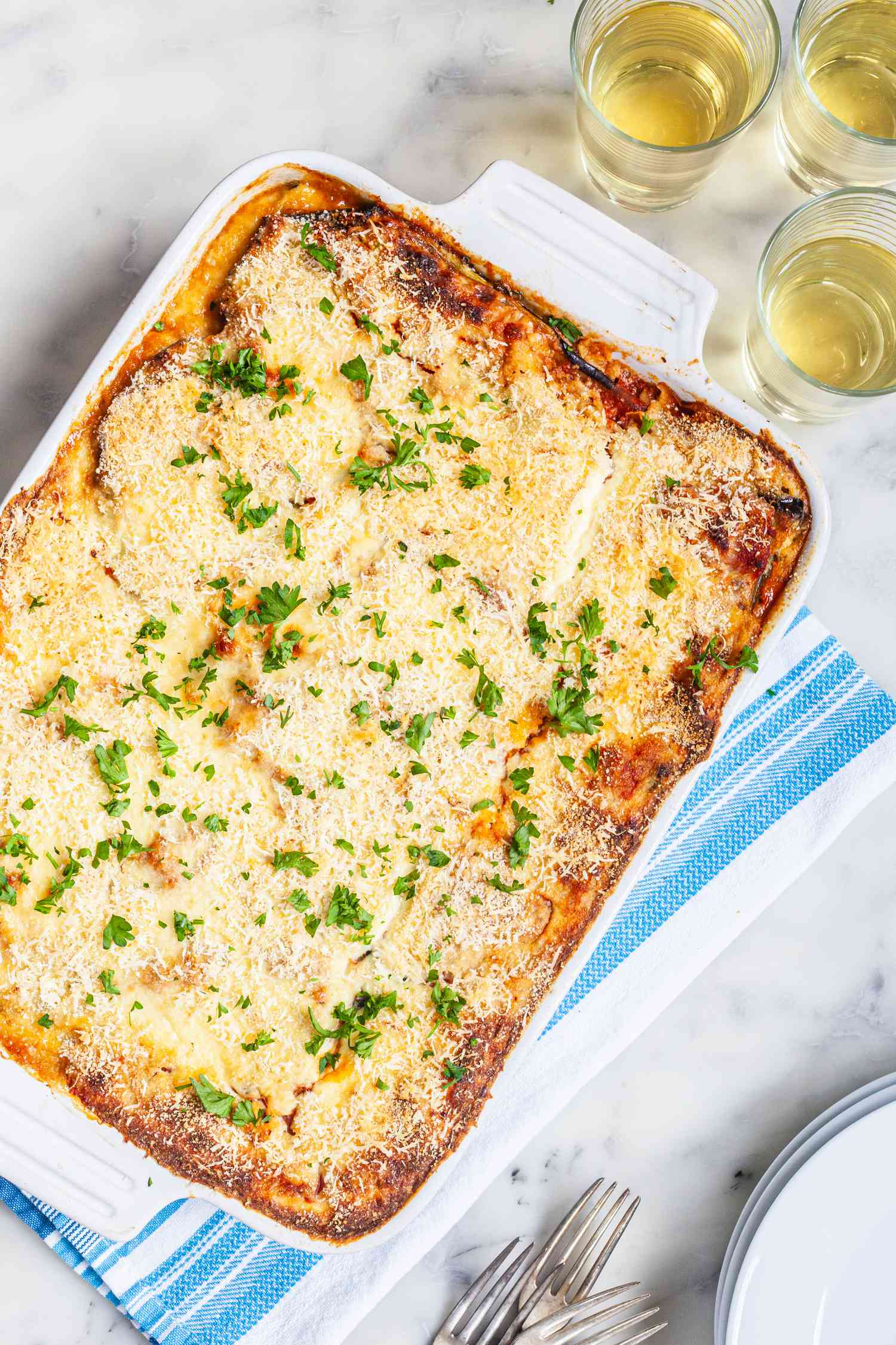 Eggplant and zucchini moussaka in casserole
